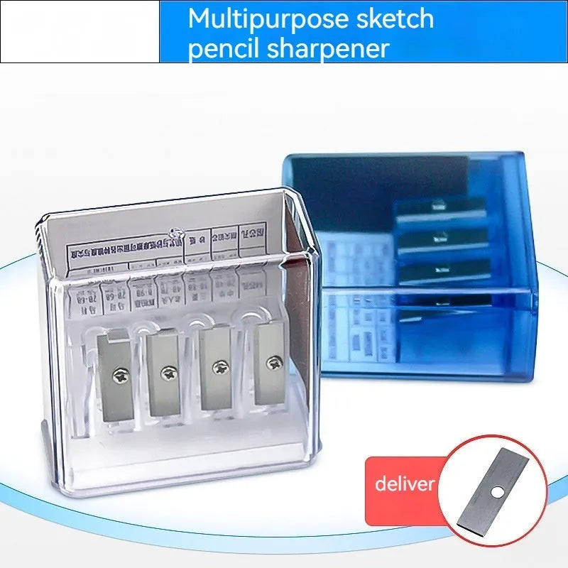Geometric plastic pencil sharpener with four colour-coded holes and integrated screwdriver tool