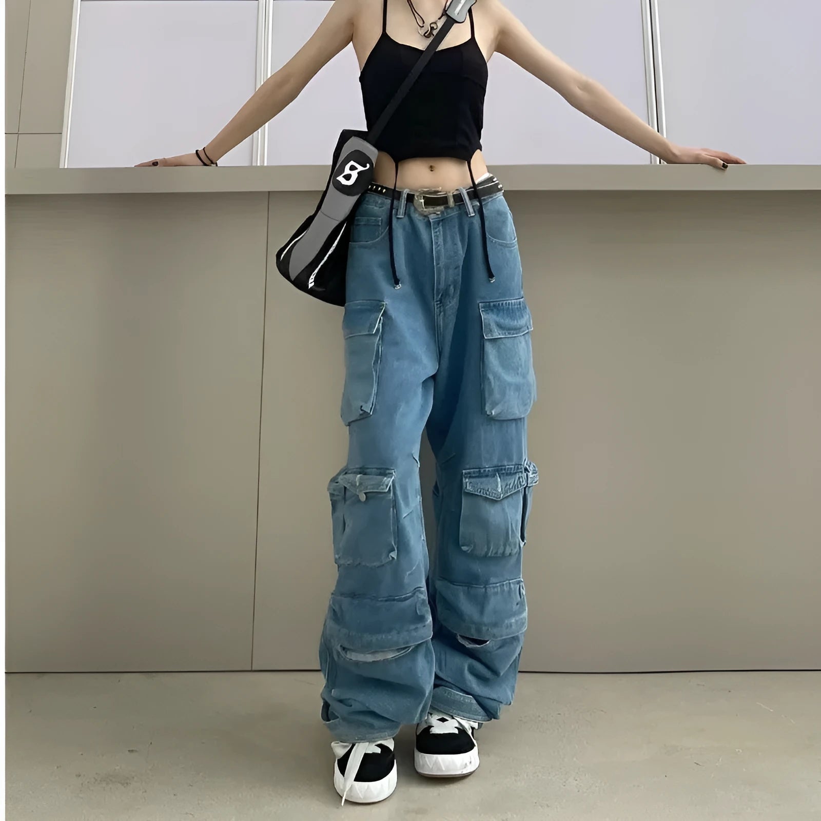 Women's high waist wide leg trousers in tie-dyed denim with multiple pockets and street hipster styling