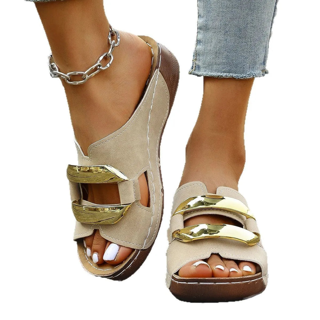 Roman style platform flip-flops in black, white, khaki, or sea blue with a rubber sole.