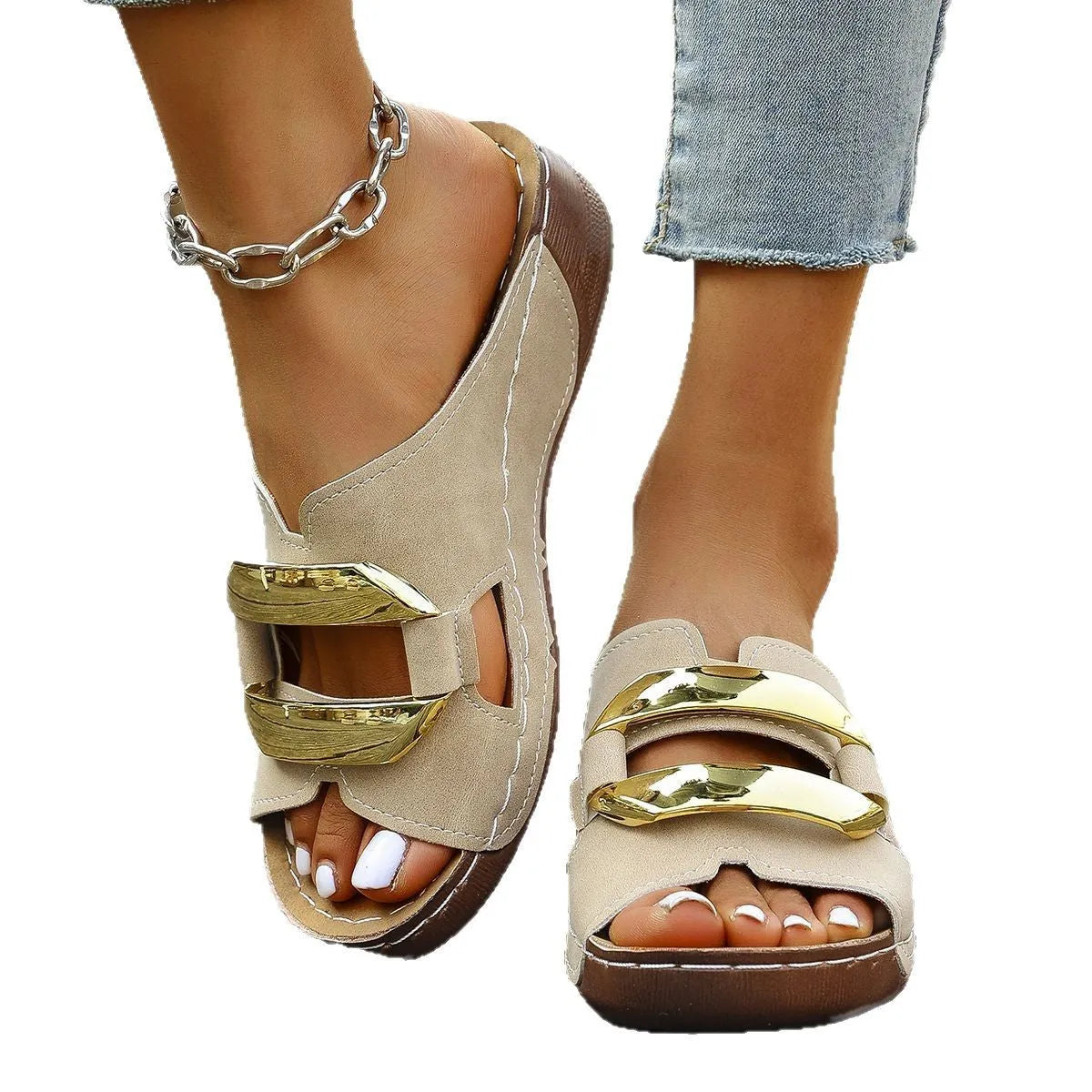 Roman style platform flip-flops in black, white, khaki, or sea blue with a rubber sole.
