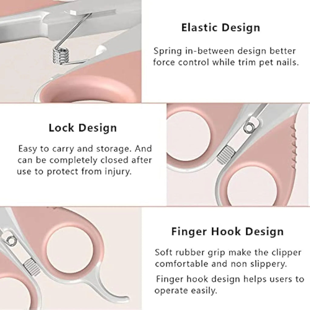 Grey and pink cat nail clippers with angled blade and safety guard for pet grooming