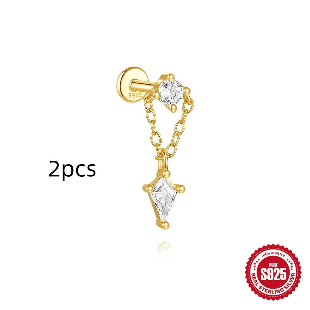 S925 sterling silver geometric kite earrings with rhinestones and chain tassel in gold tone