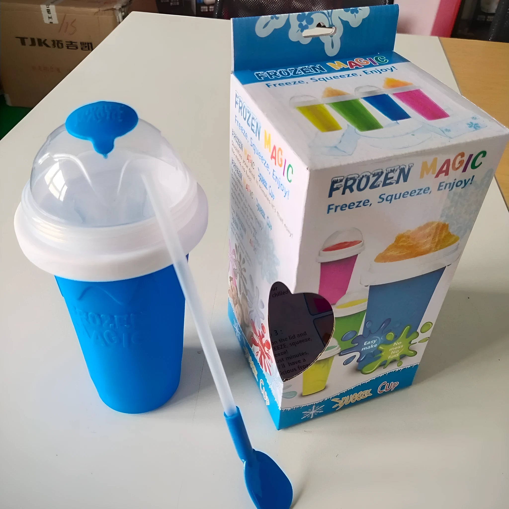 Blue quick refrigeration pinch cup with double-layer silicone construction for making slushies