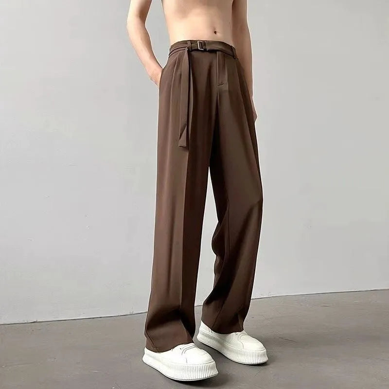 Thin straight black wide leg pants with loose casual fit and non-ironing finish