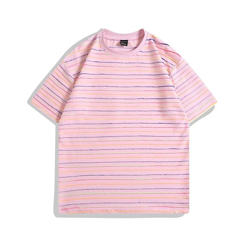Loose fit striped half sleeve t-shirt for couples in apricot, black, grey, pink, and yellow colours.