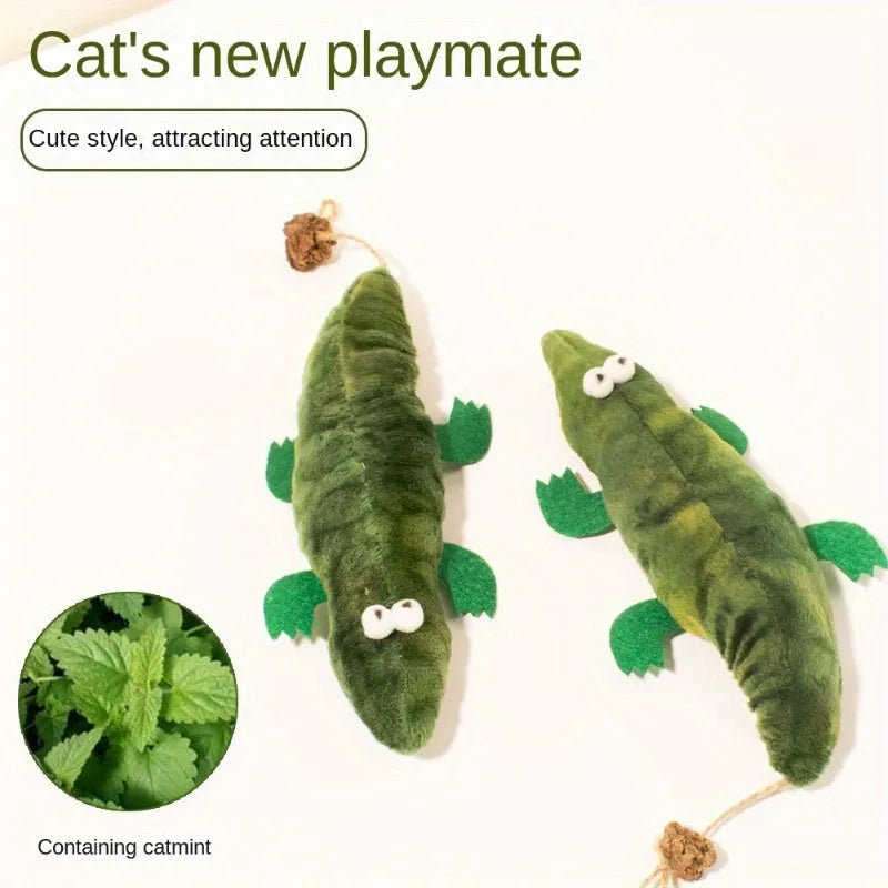 Green plush alligator cat toy with catnip and peppermint scent for dental care