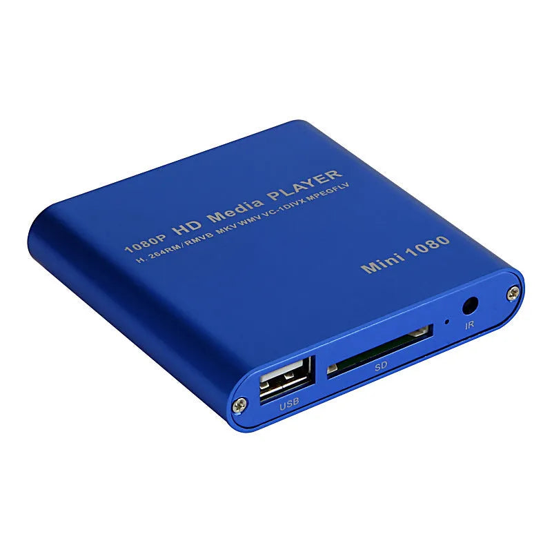 Compact black 1080P Full HD media player with ports for HDMI, USB, SD card, and power.