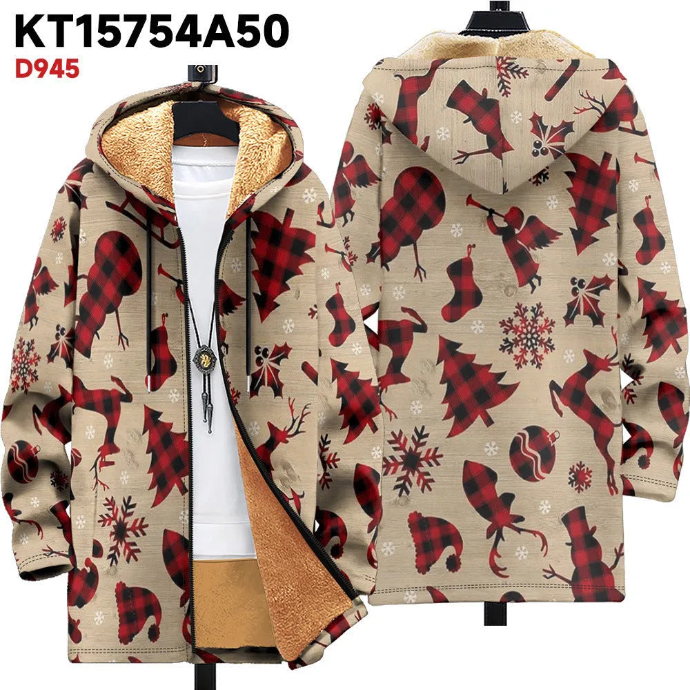 Man wearing a loose fit, multicolour print hooded cardigan with a front zipper.