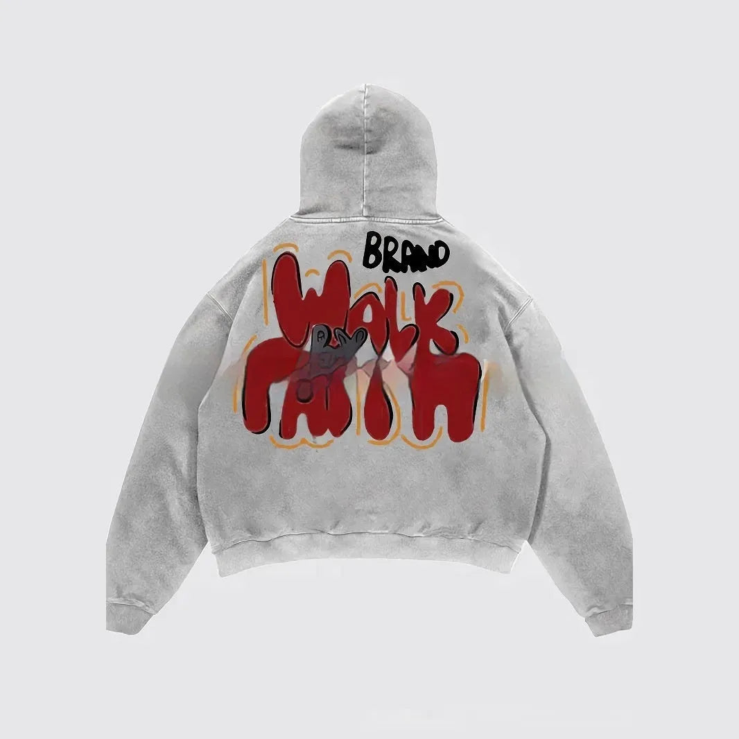 Granny Grey Harajuku character print hoodie with front pocket and long sleeves