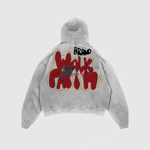 Granny Grey Harajuku character print hoodie with front pocket and long sleeves