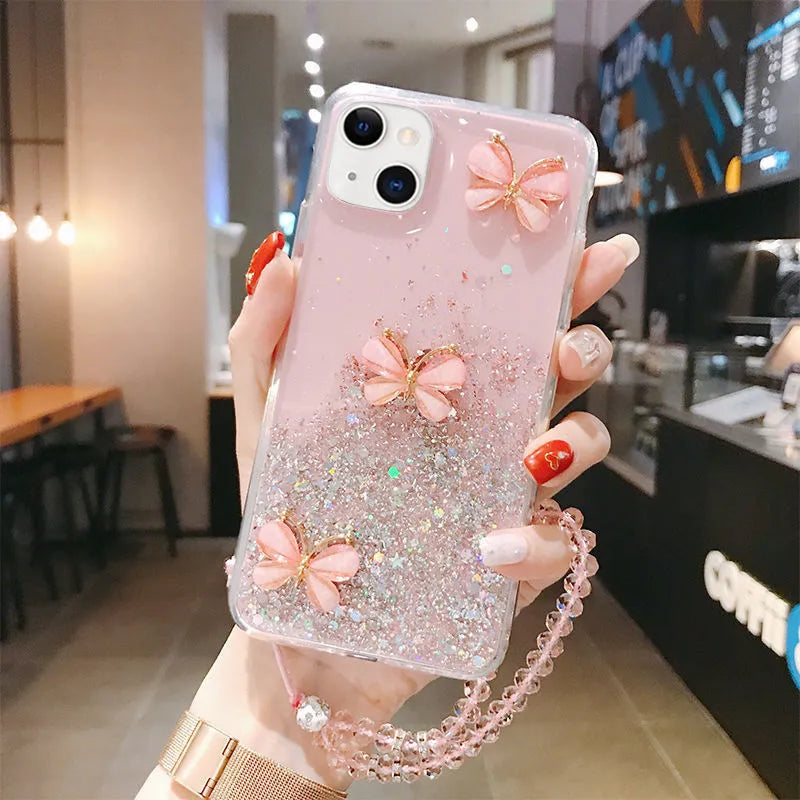 Flash three butterflies pink glitter epoxy silicone phone case for Samsung