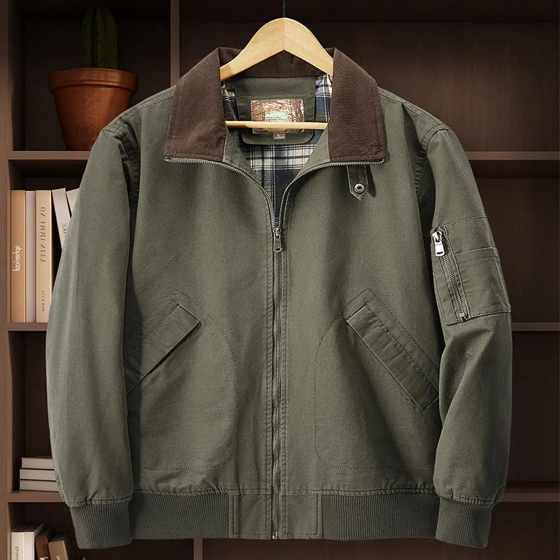 Men's plus size washed cotton baseball flight jacket shown in camel colour.
