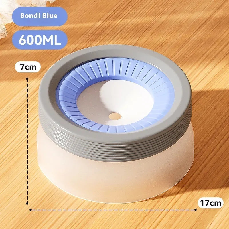Suspension pet water bowl with non-wet mouth design in blue, green, and brown colour options showing 600ml and 1200ml capacities