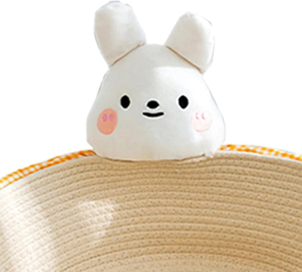 Woven cotton rope cat bed basket with bear pattern, functioning as a pet bed, scratcher, and storage container.