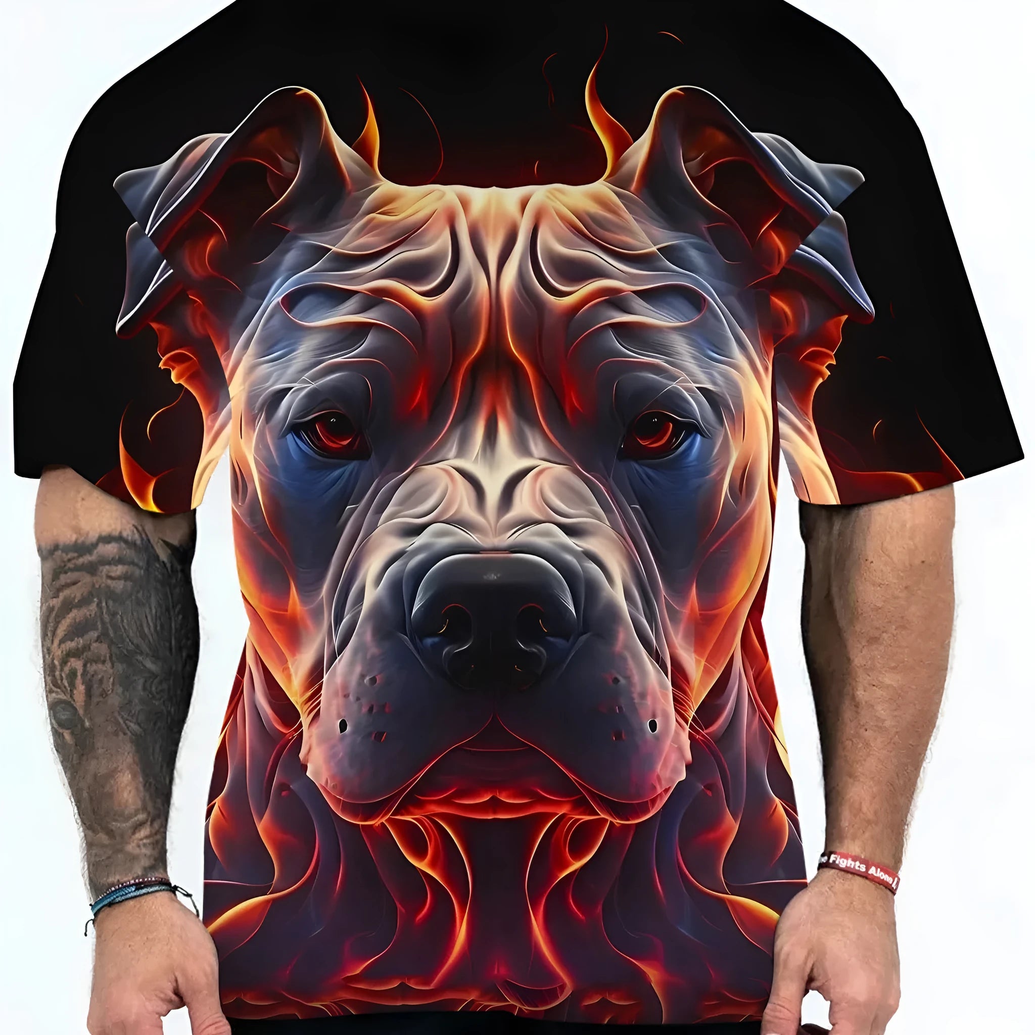Man wearing a grey t-shirt with a 3D digital printed dog head camouflage pattern on the front.