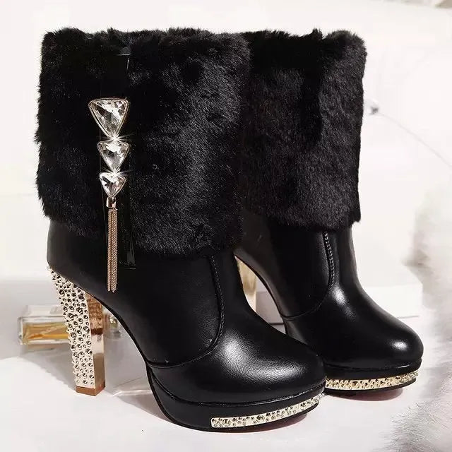 Women's black ankle boots with chunky block heels, artificial PU upper, European and American style