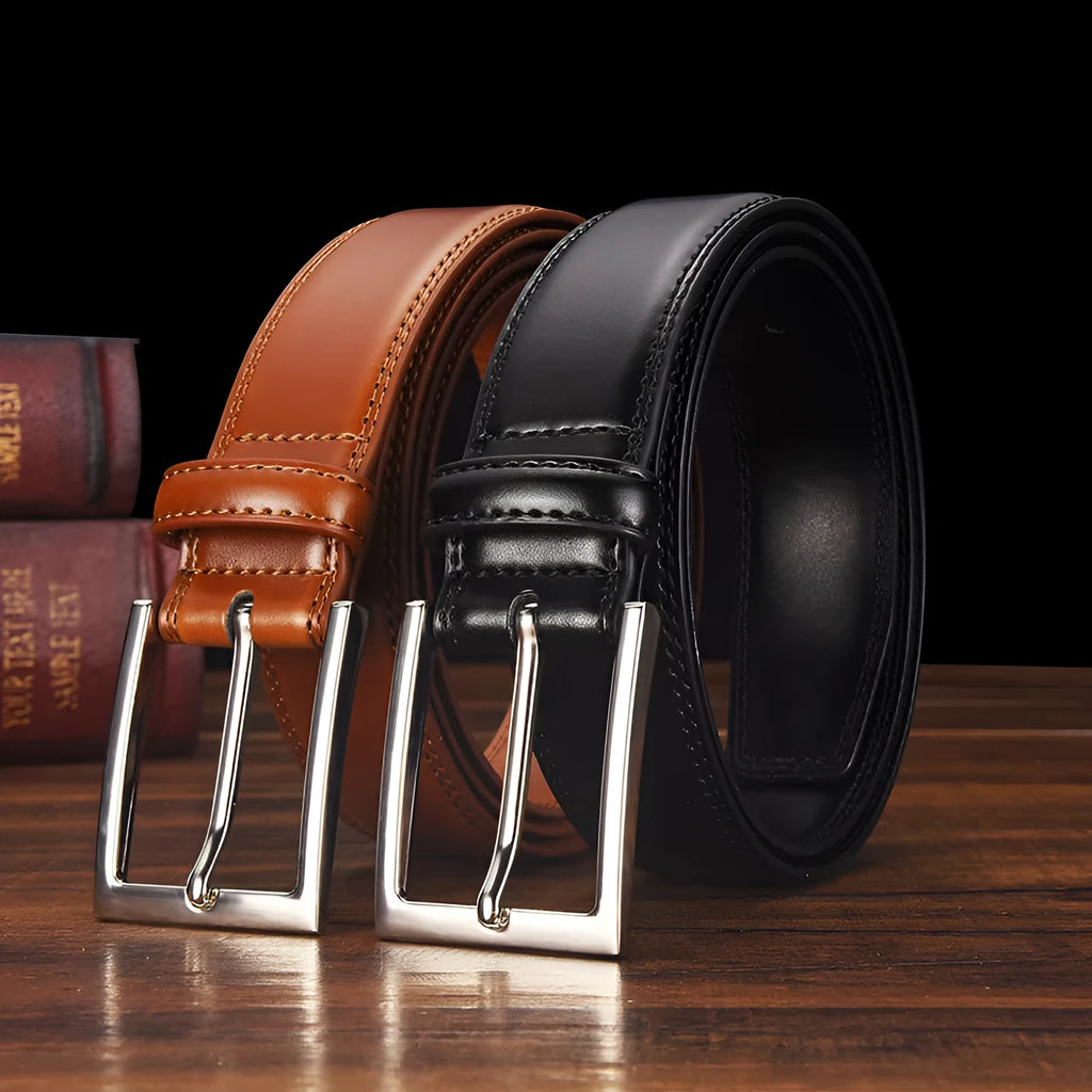 Men's genuine leather belt with alloy pin buckle in classic black showing length measurement and two-layer cowhide construction