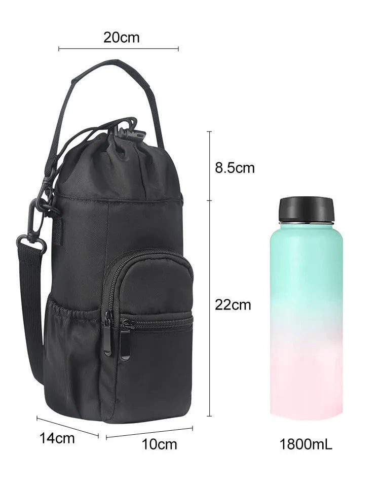 Cloth water bottle pouch crossbody bag with adjustable strap in black, green, and pink.