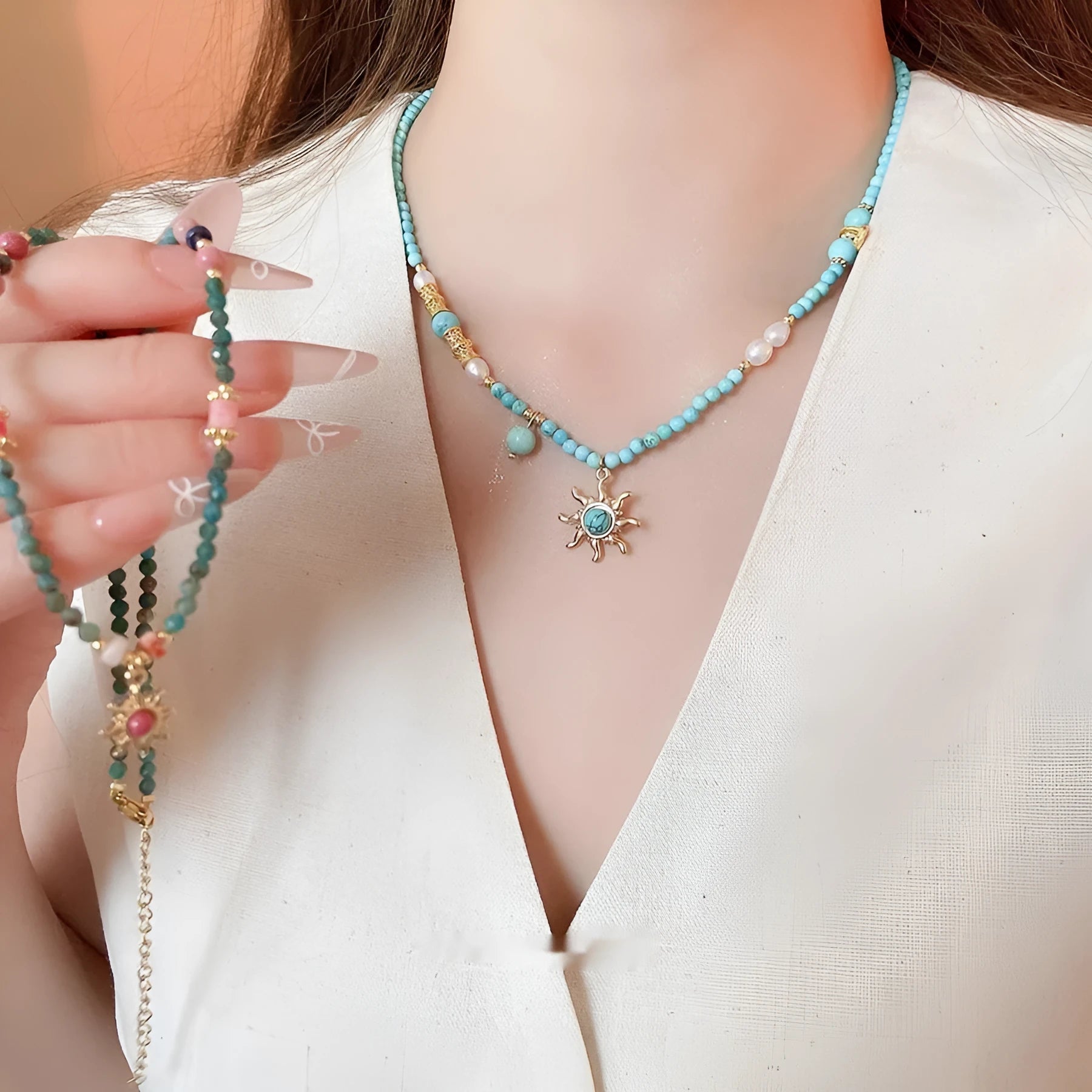 French royal style freshwater pearl necklace with stone sun pendant on 41-50cm clavicle chain