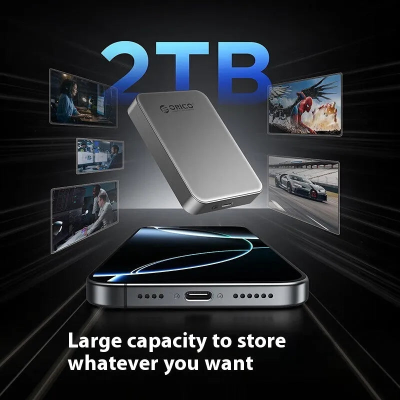 Grey magnetic mobile solid state drive with ultra-thin design showing dimensions and included accessories