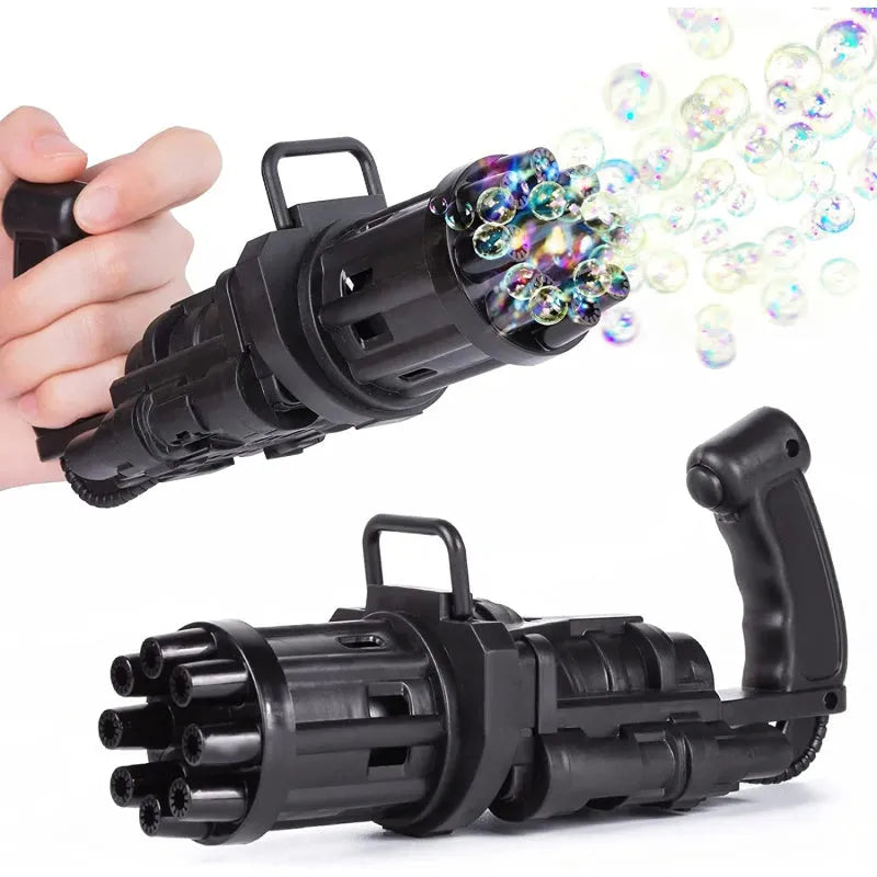 Kids plastic bubble machine gun toy in pink, gold, or black with battery compartment and removable bubble head.