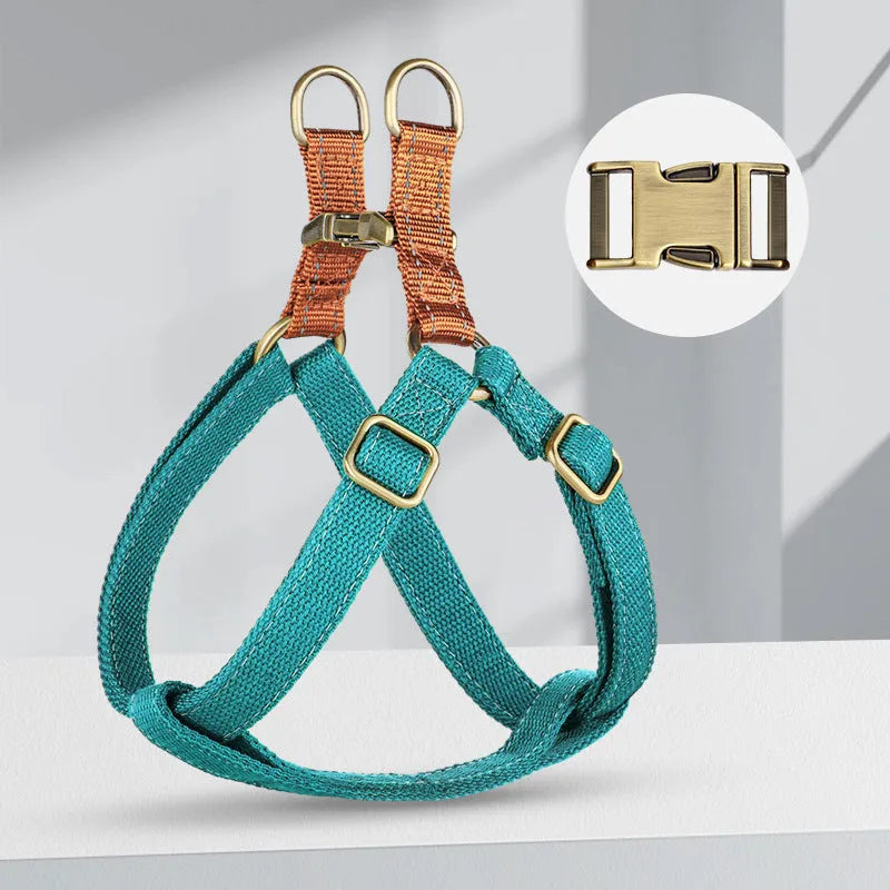 Brown vest style dog leash with cotton belt and alloy fastener on small dog
