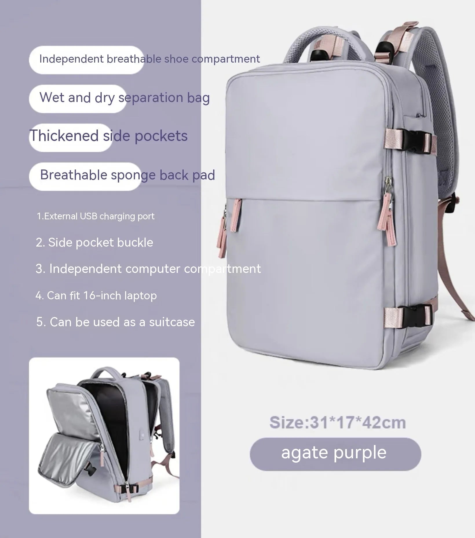 Waterproof nylon mummy backpack in multiple colour options showing large capacity travel bag