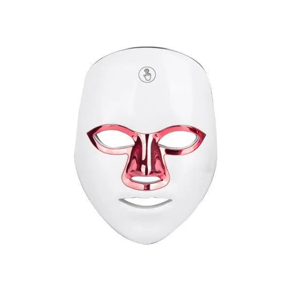 Rechargeable LED light therapy facial beauty mask in black, white, or rose gold trim.