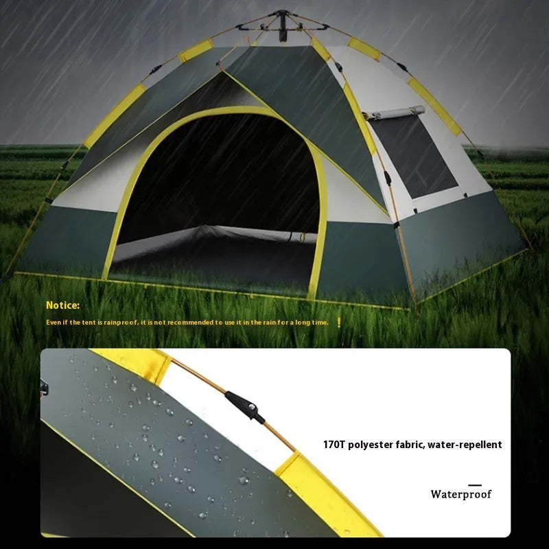 Dark green silver glue 3-4 person camping tent with automatic quick-open system shown in outdoor setting