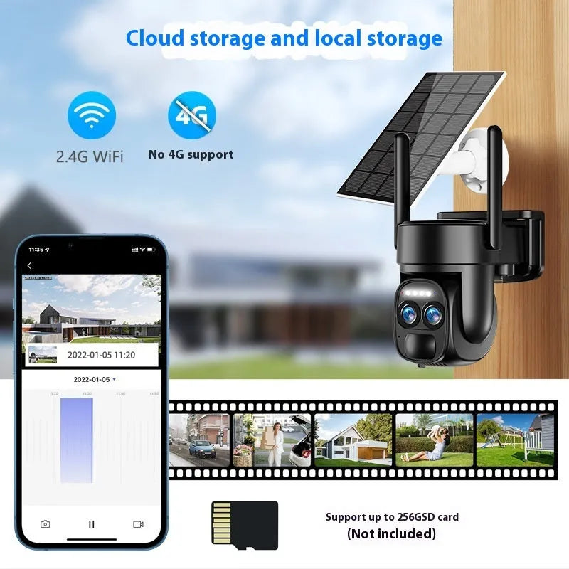 Solar-powered outdoor security camera with 8x zoom lens and dual 4G/Wi-Fi connectivity options