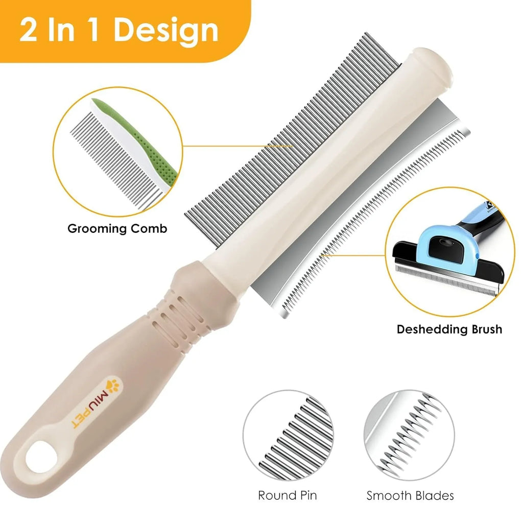 White 2-in-1 pet grooming brush with comb and deshedding sides, ergonomic handle