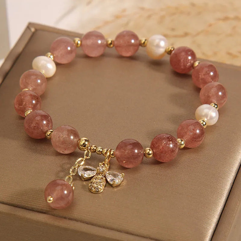 Freshwater pearl and strawberry quartz bracelet for women with zircon accents on alloy links