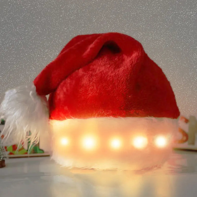 Red and white plush Santa hat with pom-pom and 9 colour-changing LED lights lit up.
