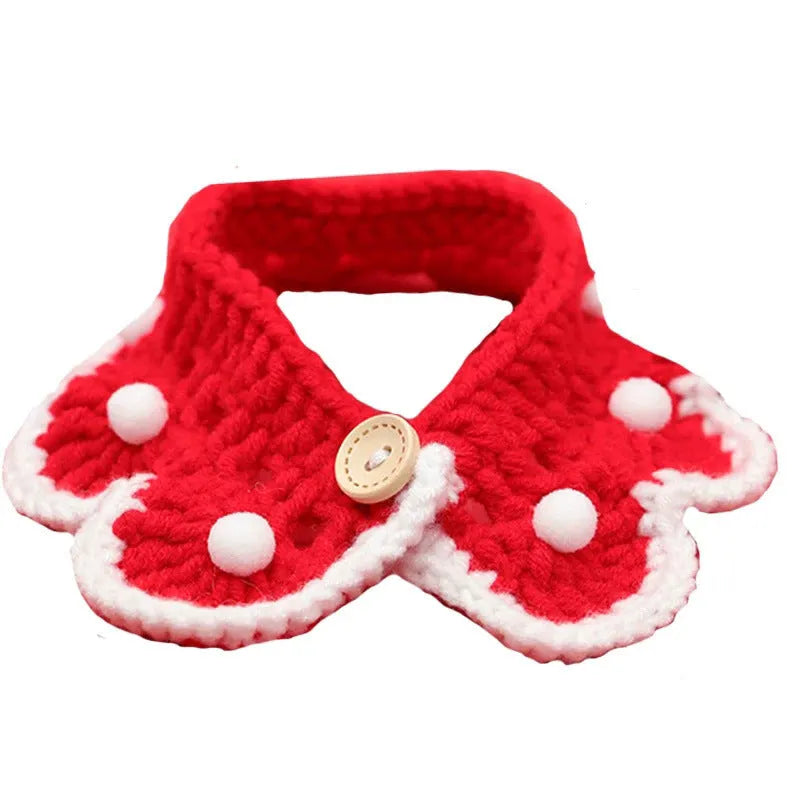 Hand-knitted milk cotton pet collar with cartoon pattern, shown in multiple sizes for cats, dogs, and rabbits.