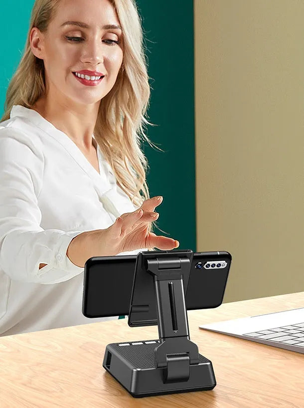 Black mobile phone stand with Bluetooth speaker and microphone for desk use