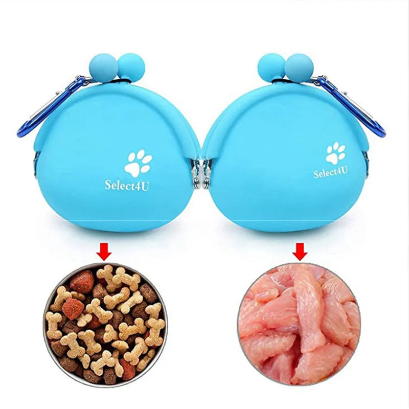 Silicone pet training treat pouch with hook-and-loop closure measuring 9 by 9.5 centimetres