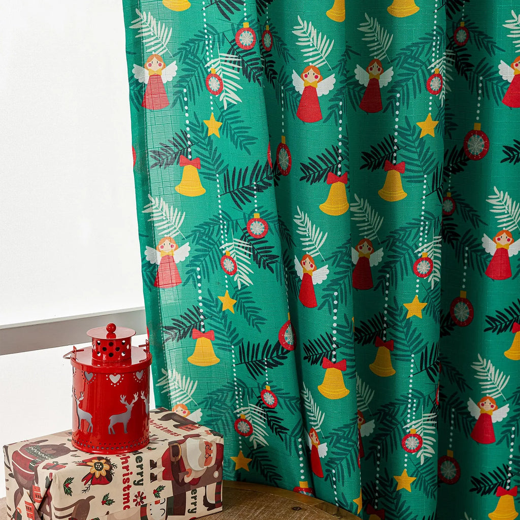 Green Christmas curtain with snowman and angel cartoon print pattern for living room window