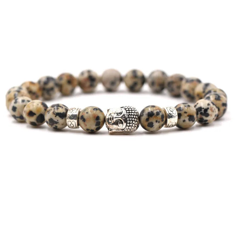Natural stone stretch bracelet with tigereye, volcanic rock and turquoise beads on wrist