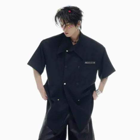 Men's loose-fit casual summer shirt with spliced design details and lapel collar