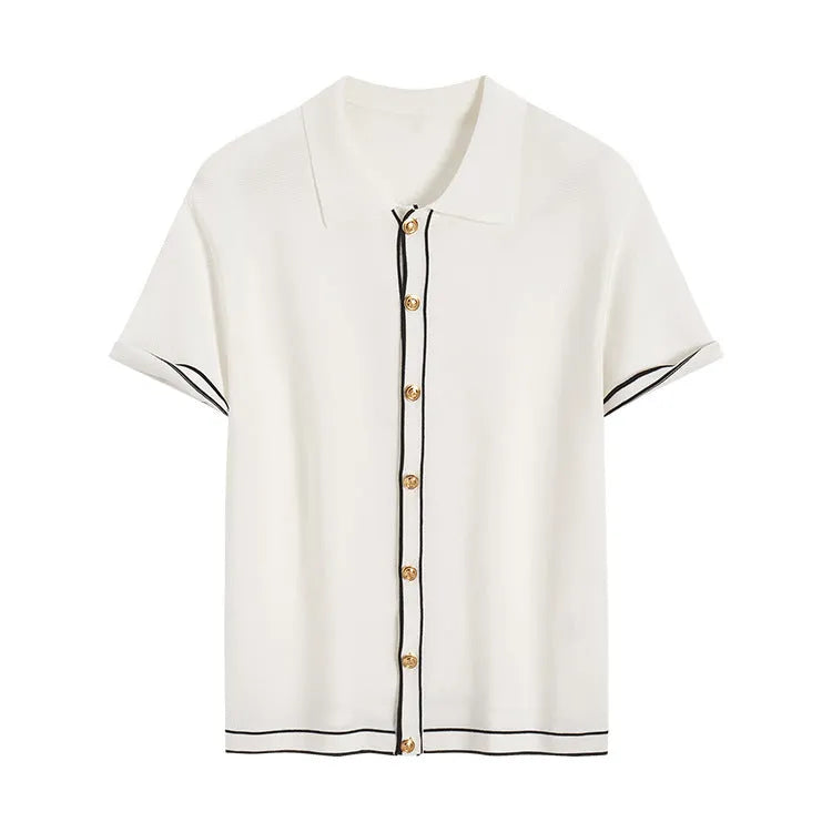 White short sleeve cardigan with contrasting colour lapels laid flat.