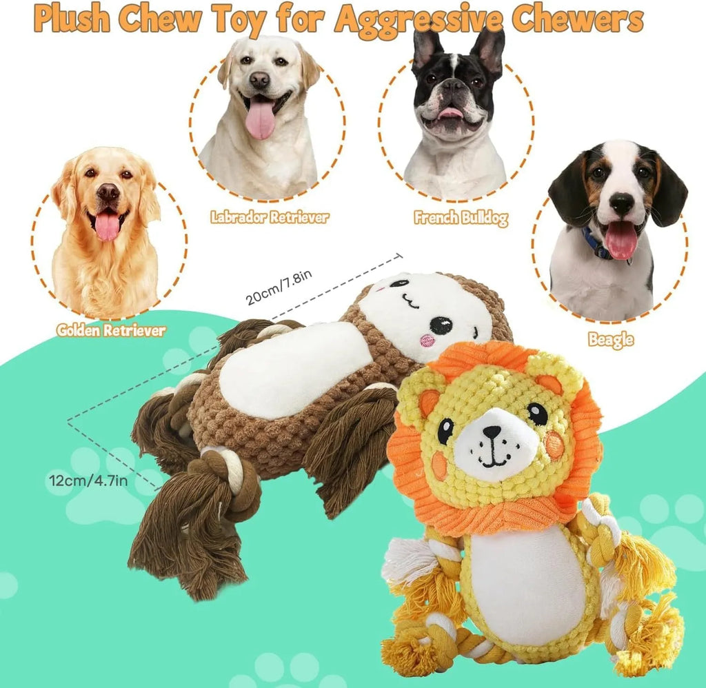 Plush squeaky dog toy bundle with lion and monkey designs for medium to large dogs