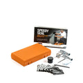 Speedy Seal tyre repair kit in a high-visibility suitcase, showing hex wrench, knife, pressure gauge, pliers, insertion tool, and reamer tool.