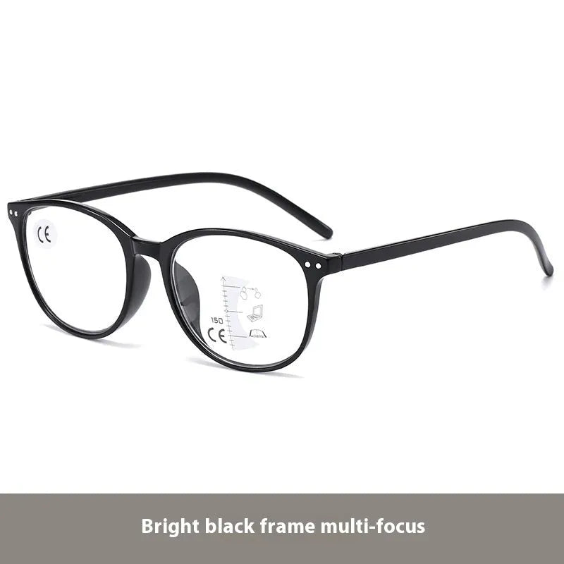 Ultra-light metal frame multi-focus presbyopic glasses for women in a champagne box colour.