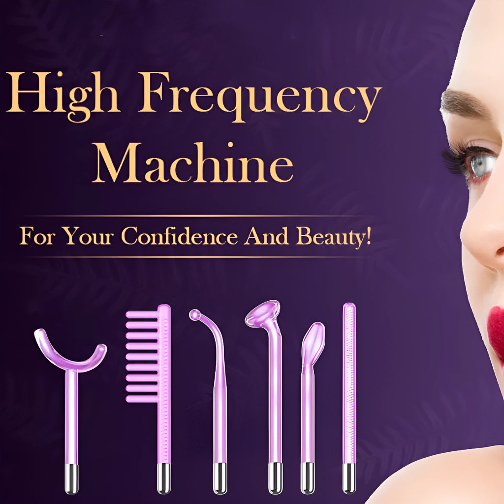 Purple High Wave electrotherapy rod beauty instrument with six accessory heads for professional skin treatments