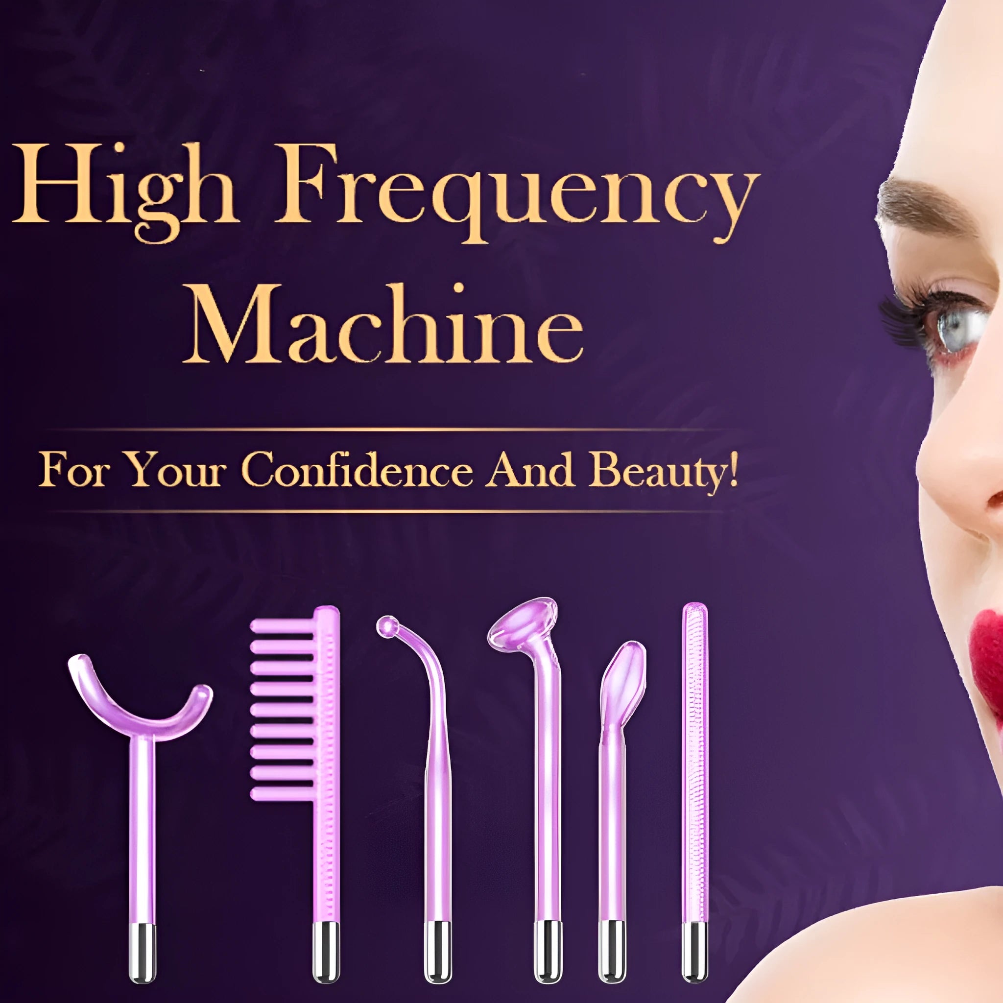 Purple High Wave electrotherapy rod beauty instrument with six accessory heads for professional skin treatments