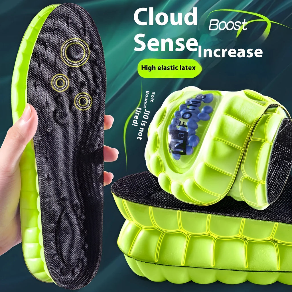 Green sports insoles showing PU air cushion construction and argy wormwood layer