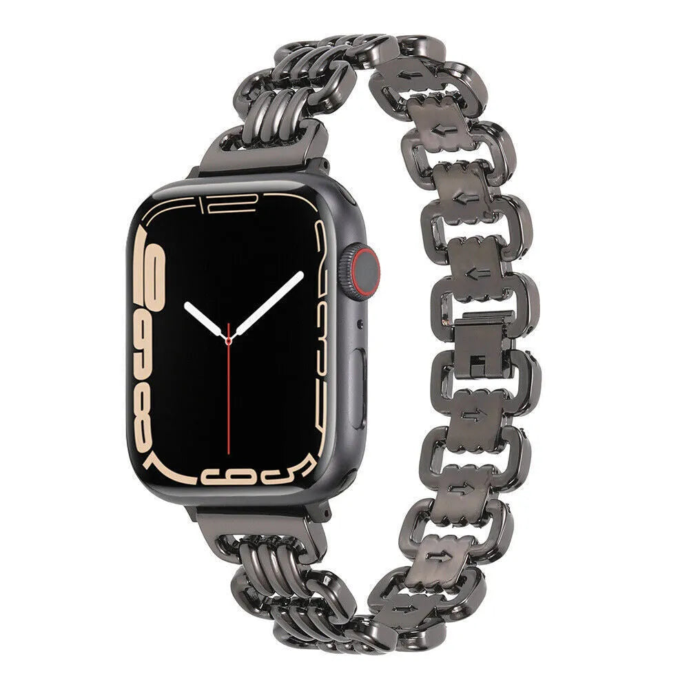 Silver alloy metal link bracelet for Apple Watch on a wrist.