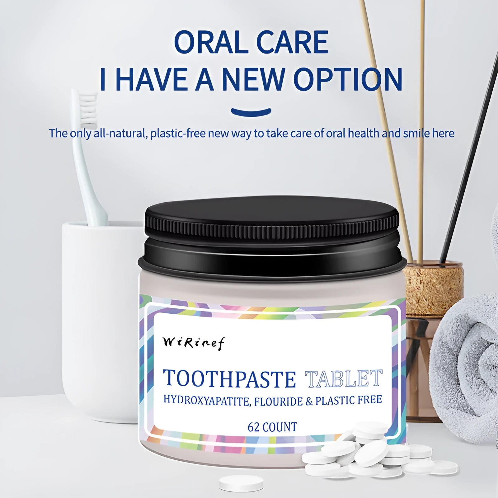 62-count portable toothpaste tablets in solid TP19 formulation for general oral cleaning