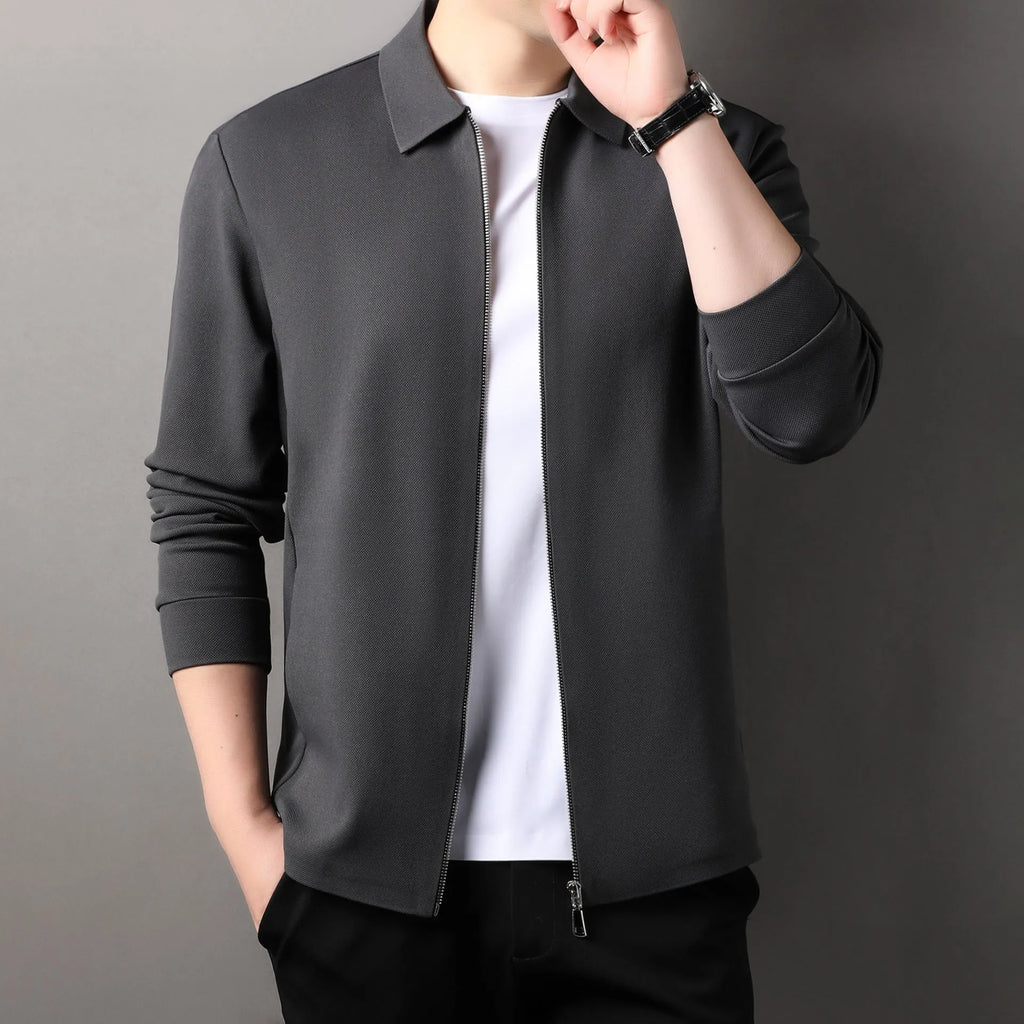 Men's polyester casual business jacket in apricot, black, or dark grey with long sleeves and straight hem.