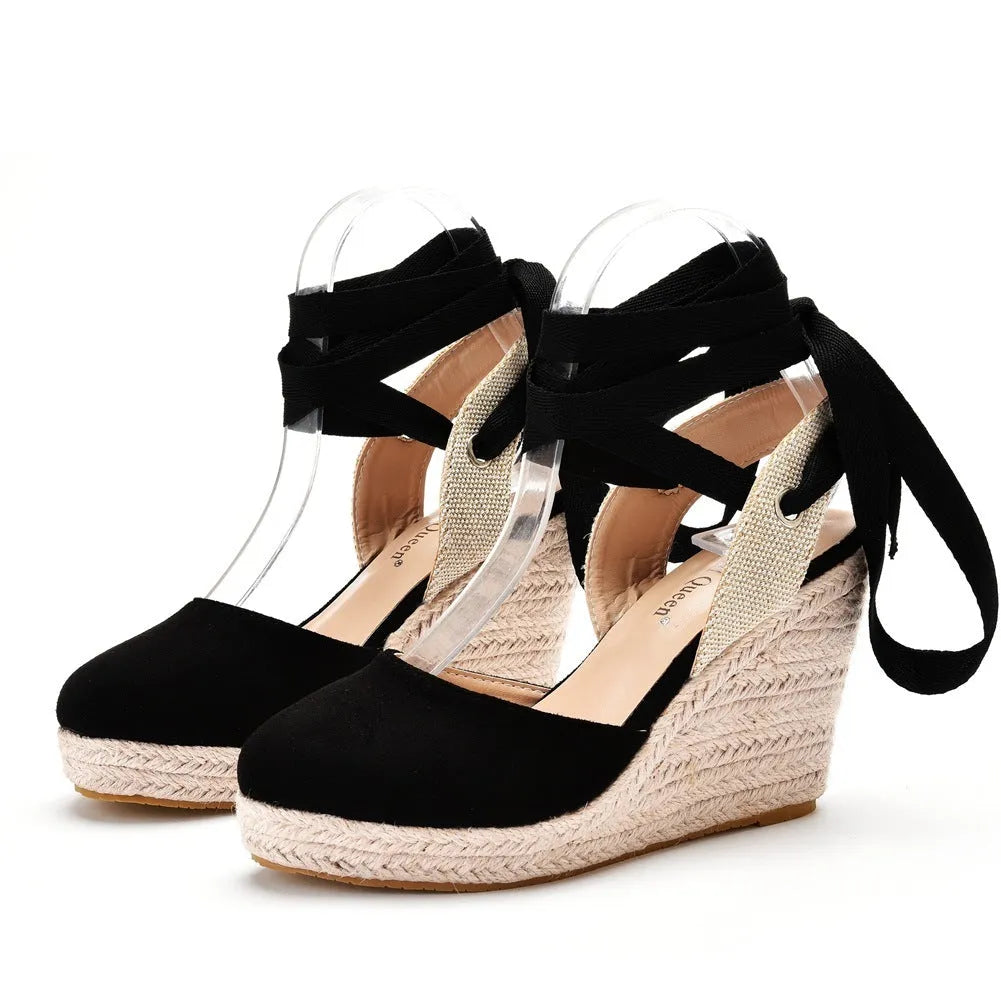 Women's red Bohemian platform wedge sandals with beaded tassel buckle strap and round toe.